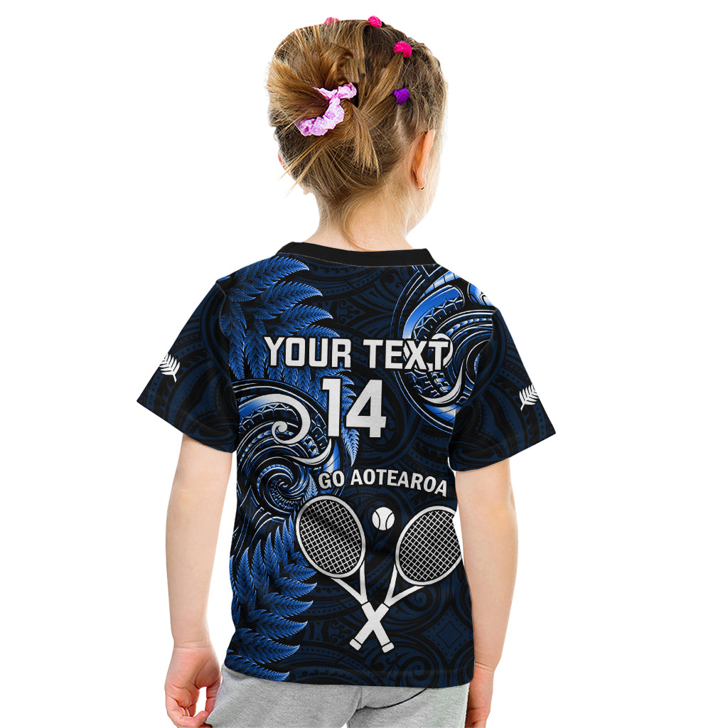 Custom New Zealand Tiki Tennis Kid T Shirt 2024 Aotearoa Tenehi Maori Silver Fern - Blue