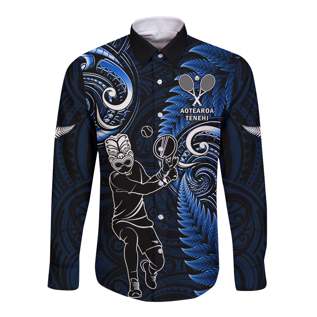 Custom New Zealand Tiki Tennis Long Sleeve Button Shirt 2024 Aotearoa Tenehi Maori Silver Fern - Blue