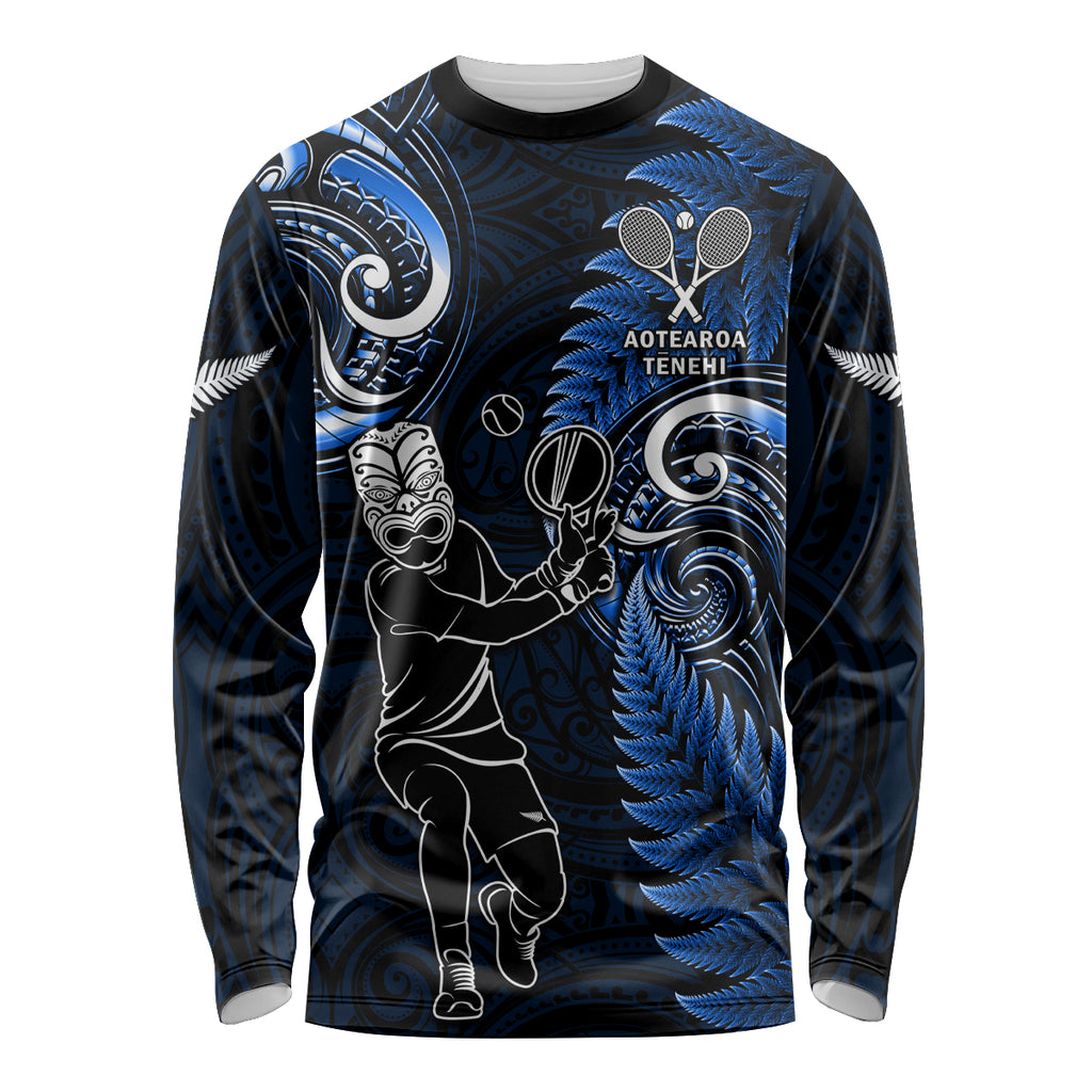 Custom New Zealand Tiki Tennis Long Sleeve Shirt 2024 Aotearoa Tenehi Maori Silver Fern - Blue