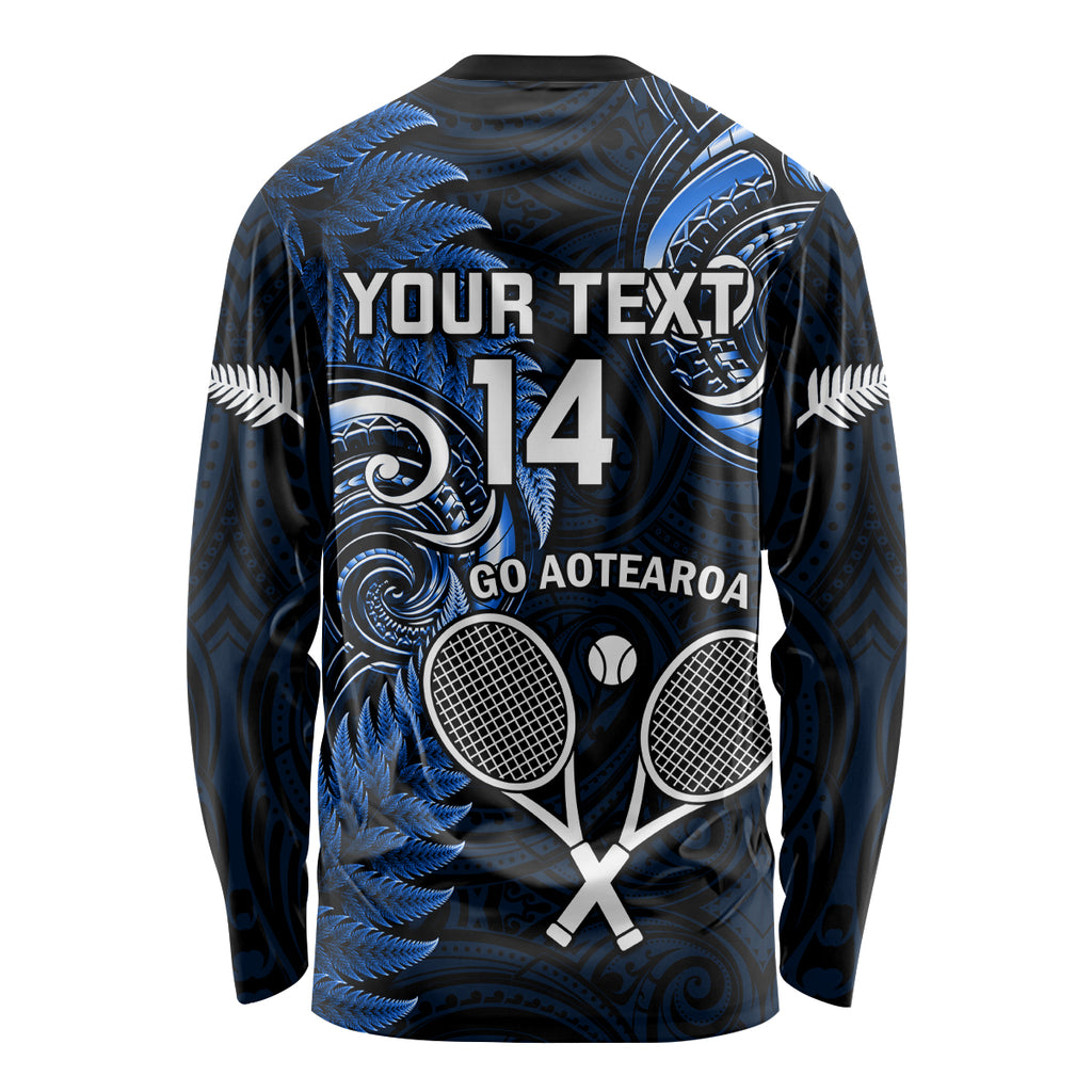 Custom New Zealand Tiki Tennis Long Sleeve Shirt 2024 Aotearoa Tenehi Maori Silver Fern - Blue