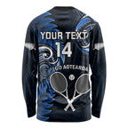 Custom New Zealand Tiki Tennis Long Sleeve Shirt 2024 Aotearoa Tenehi Maori Silver Fern - Blue