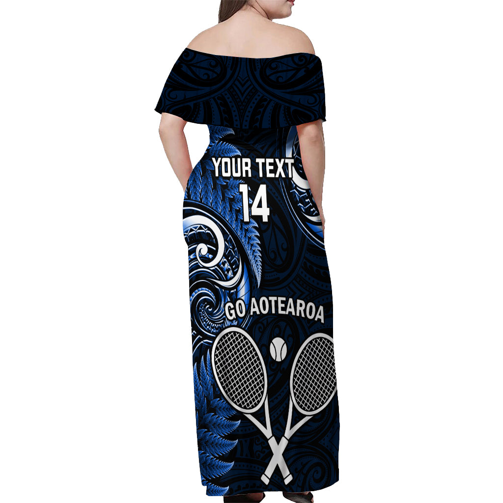 Custom New Zealand Tiki Tennis Off Shoulder Maxi Dress 2024 Aotearoa Tenehi Maori Silver Fern - Blue