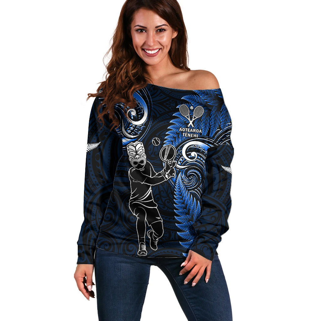 Custom New Zealand Tiki Tennis Off Shoulder Sweater 2024 Aotearoa Tenehi Maori Silver Fern - Blue