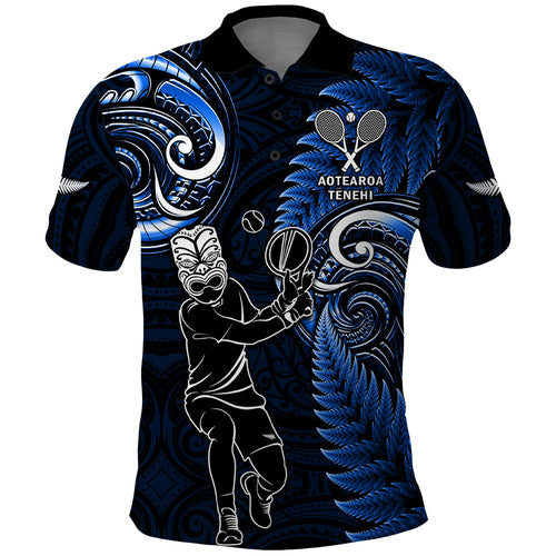 Custom New Zealand Tiki Tennis Polo Shirt 2024 Aotearoa Tenehi Maori Silver Fern - Blue
