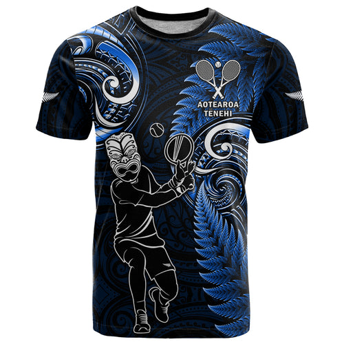 Custom New Zealand Tiki Tennis T Shirt 2024 Aotearoa Tenehi Maori Silver Fern - Blue