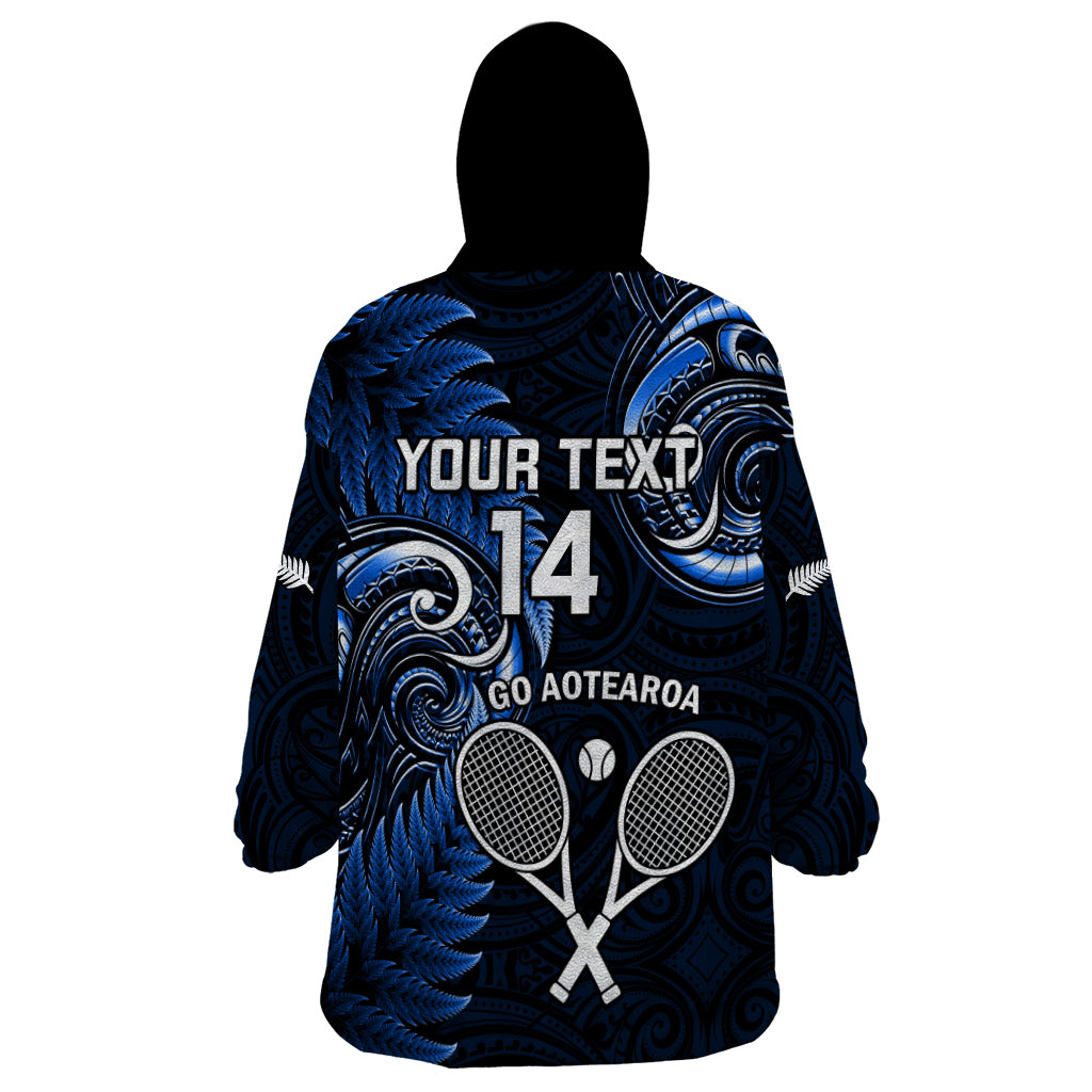 Custom New Zealand Tiki Tennis Wearable Blanket Hoodie 2024 Aotearoa Tenehi Maori Silver Fern - Blue