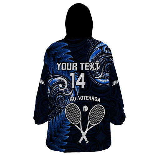 Custom New Zealand Tiki Tennis Wearable Blanket Hoodie 2024 Aotearoa Tenehi Maori Silver Fern - Blue
