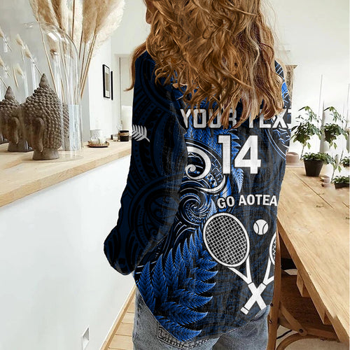 Custom New Zealand Tiki Tennis Women Casual Shirt 2024 Aotearoa Tenehi Maori Silver Fern - Blue