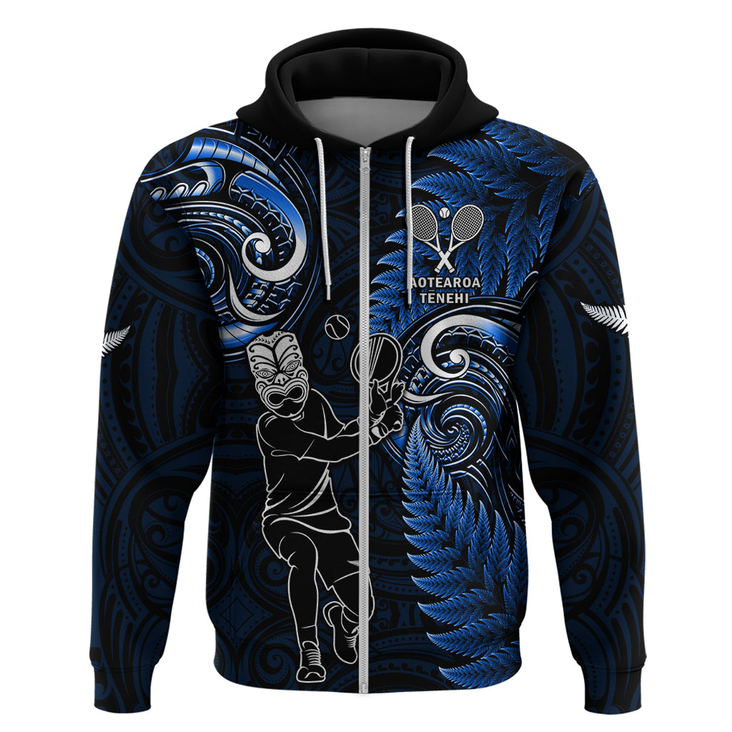 Custom New Zealand Tiki Tennis Zip Hoodie 2024 Aotearoa Tenehi Maori Silver Fern - Blue