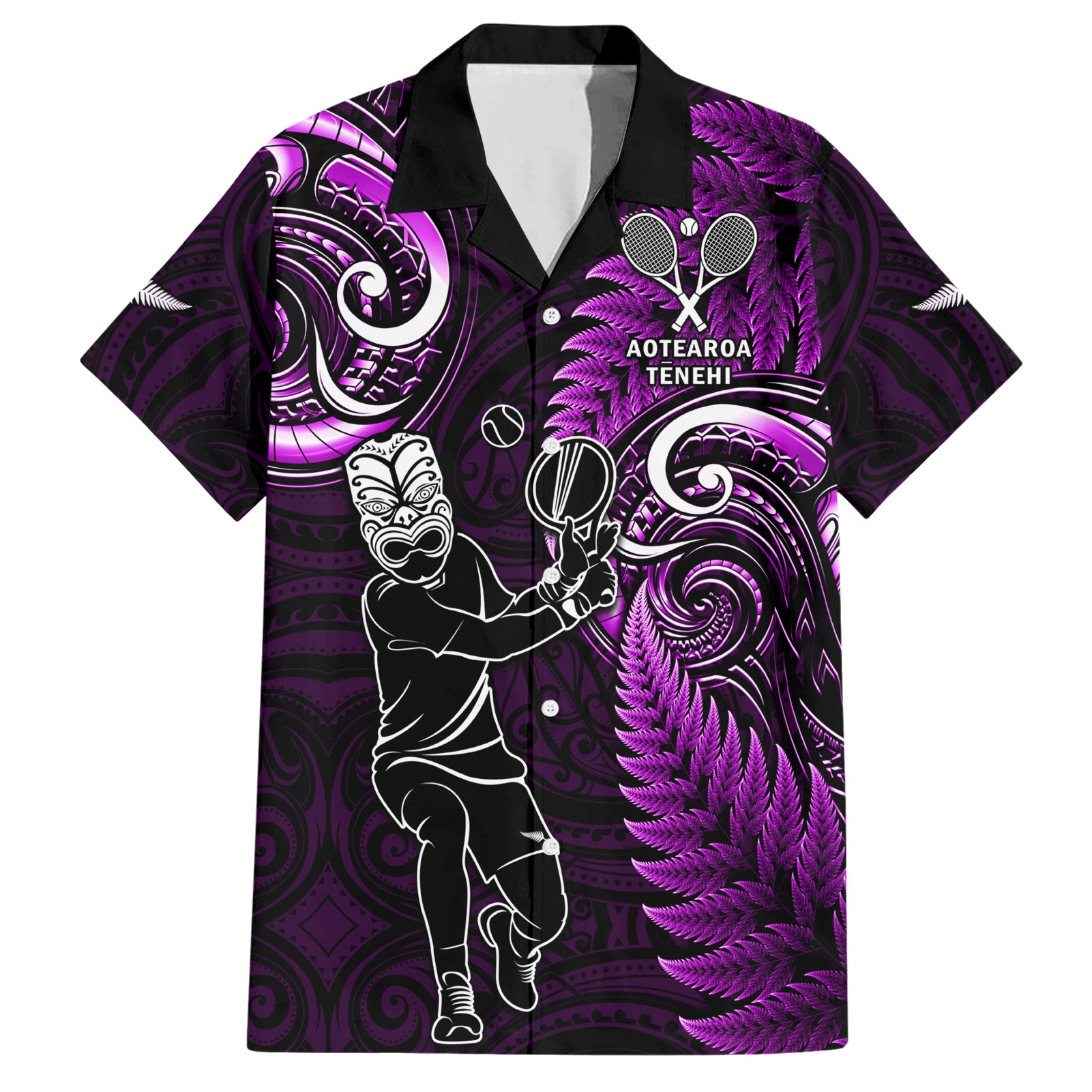 New Zealand Tiki Tennis Hawaiian Shirt 2024 Aotearoa Tenehi Maori Silver Fern - Purple