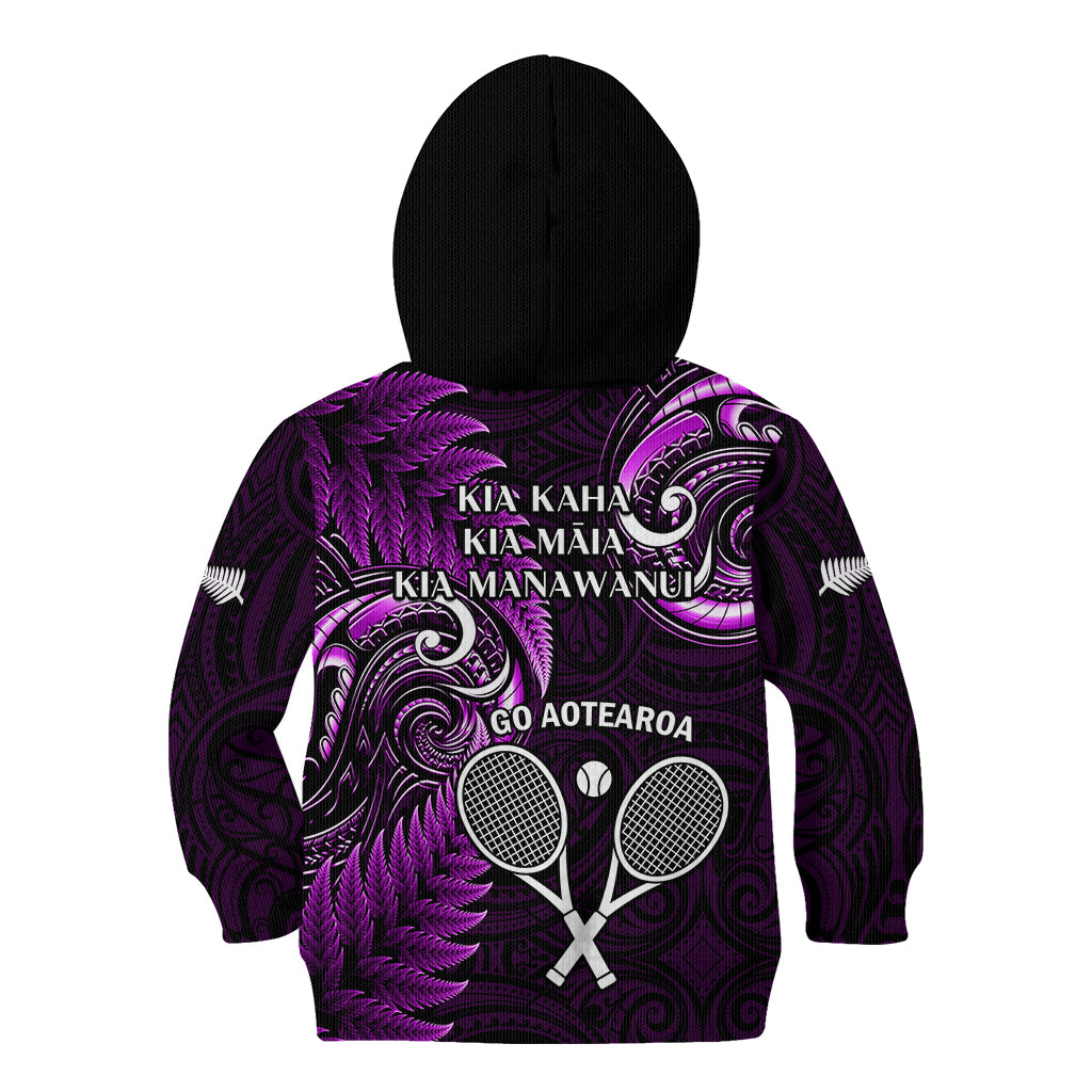 New Zealand Tiki Tennis Kid Hoodie 2024 Aotearoa Tenehi Maori Silver Fern - Purple
