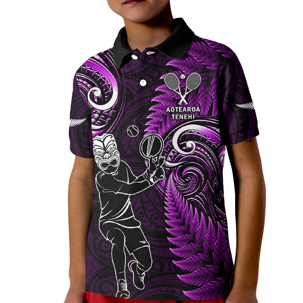 New Zealand Tiki Tennis Kid Polo Shirt 2024 Aotearoa Tenehi Maori Silver Fern - Purple