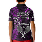 New Zealand Tiki Tennis Kid Polo Shirt 2024 Aotearoa Tenehi Maori Silver Fern - Purple
