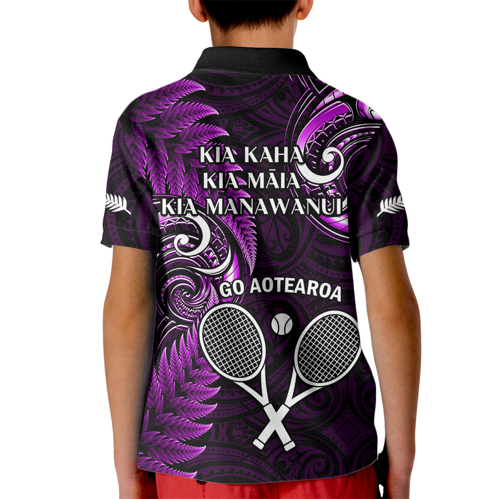 New Zealand Tiki Tennis Kid Polo Shirt 2024 Aotearoa Tenehi Maori Silver Fern - Purple