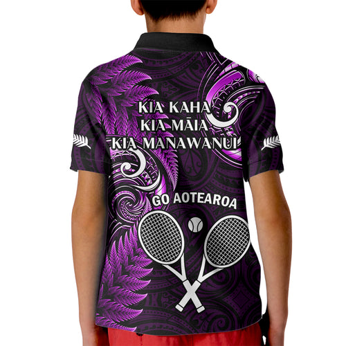 New Zealand Tiki Tennis Kid Polo Shirt 2024 Aotearoa Tenehi Maori Silver Fern - Purple