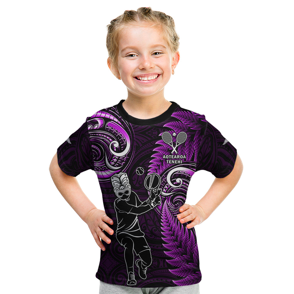 New Zealand Tiki Tennis Kid T Shirt 2024 Aotearoa Tenehi Maori Silver Fern - Purple