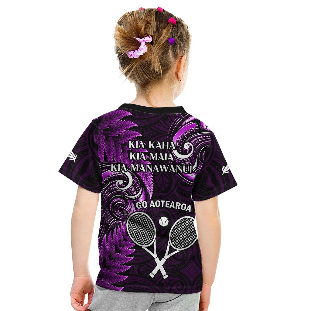 New Zealand Tiki Tennis Kid T Shirt 2024 Aotearoa Tenehi Maori Silver Fern - Purple