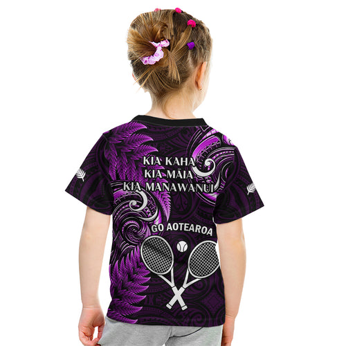 New Zealand Tiki Tennis Kid T Shirt 2024 Aotearoa Tenehi Maori Silver Fern - Purple