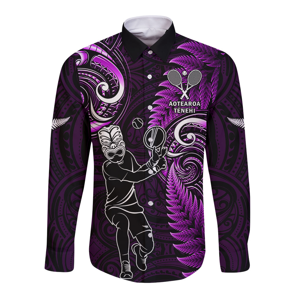 New Zealand Tiki Tennis Long Sleeve Button Shirt 2024 Aotearoa Tenehi Maori Silver Fern - Purple