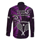 New Zealand Tiki Tennis Long Sleeve Button Shirt 2024 Aotearoa Tenehi Maori Silver Fern - Purple
