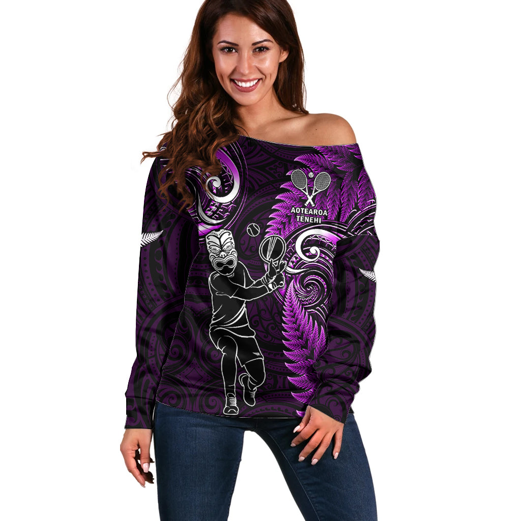 New Zealand Tiki Tennis Off Shoulder Sweater 2024 Aotearoa Tenehi Maori Silver Fern - Purple