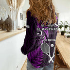New Zealand Tiki Tennis Women Casual Shirt 2024 Aotearoa Tenehi Maori Silver Fern - Purple