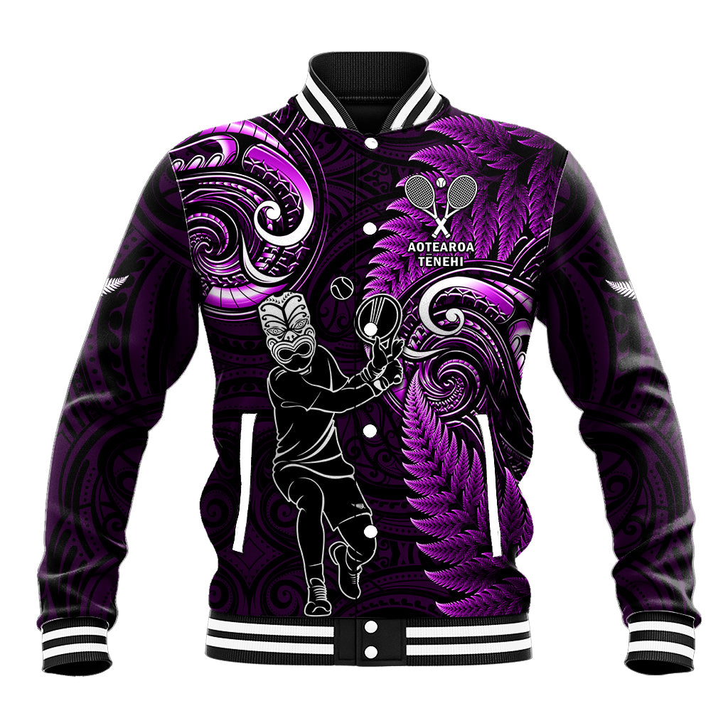 Custom New Zealand Tiki Tennis Baseball Jacket 2024 Aotearoa Tenehi Maori Silver Fern - Purple