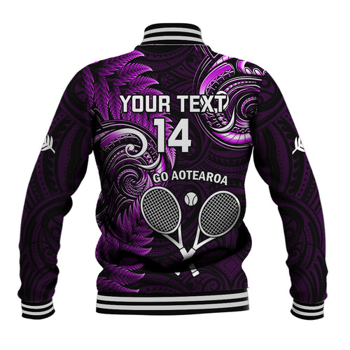 Custom New Zealand Tiki Tennis Baseball Jacket 2024 Aotearoa Tenehi Maori Silver Fern - Purple