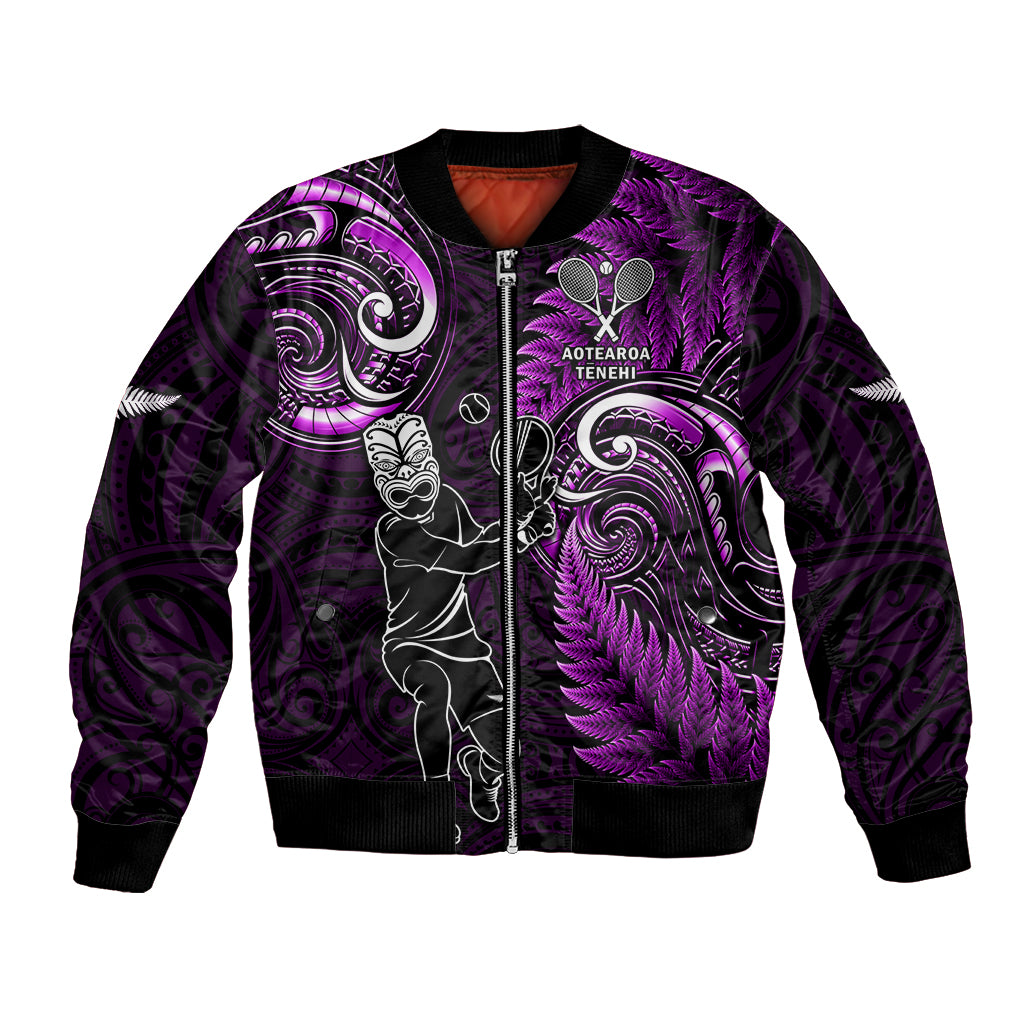 Custom New Zealand Tiki Tennis Bomber Jacket 2024 Aotearoa Tenehi Maori Silver Fern - Purple
