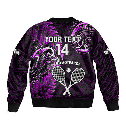Custom New Zealand Tiki Tennis Bomber Jacket 2024 Aotearoa Tenehi Maori Silver Fern - Purple