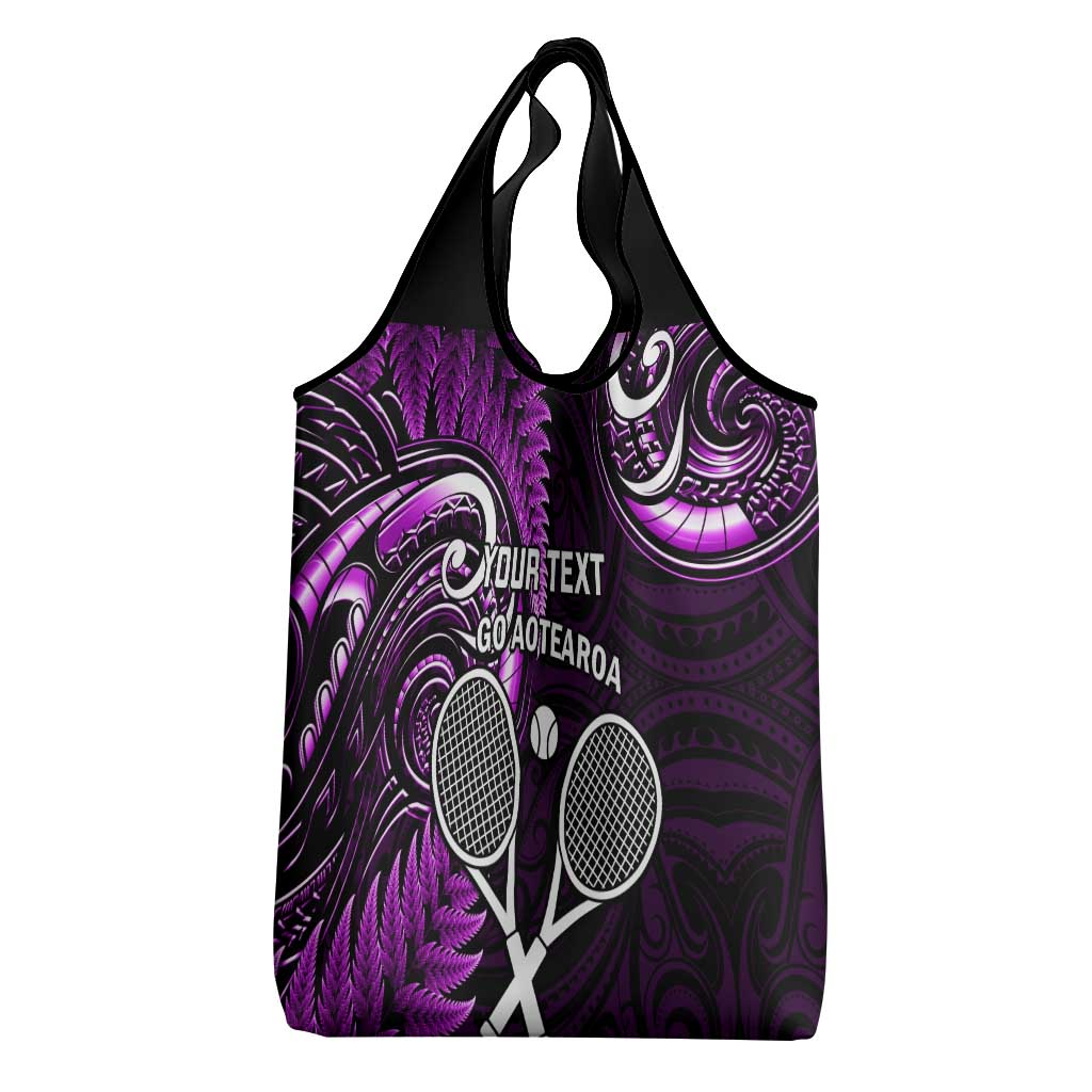 Custom New Zealand Tiki Tennis Grocery Bag Aotearoa Tenehi Maori Silver Fern - Purple