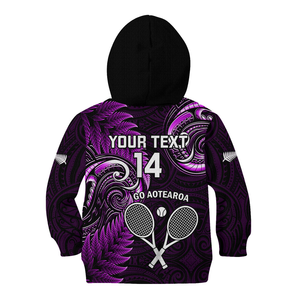 Custom New Zealand Tiki Tennis Kid Hoodie 2024 Aotearoa Tenehi Maori Silver Fern - Purple