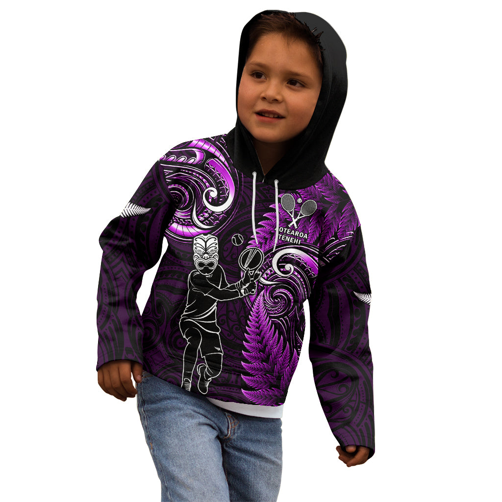 Custom New Zealand Tiki Tennis Kid Hoodie 2024 Aotearoa Tenehi Maori Silver Fern - Purple