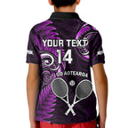 Custom New Zealand Tiki Tennis Kid Polo Shirt 2024 Aotearoa Tenehi Maori Silver Fern - Purple