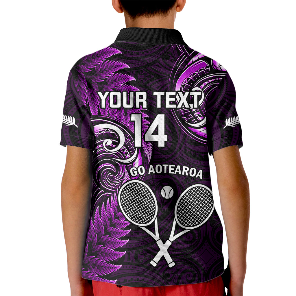 Custom New Zealand Tiki Tennis Kid Polo Shirt 2024 Aotearoa Tenehi Maori Silver Fern - Purple