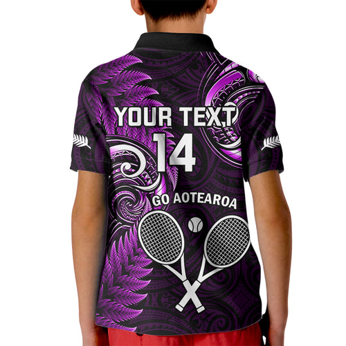 Custom New Zealand Tiki Tennis Kid Polo Shirt 2024 Aotearoa Tenehi Maori Silver Fern - Purple