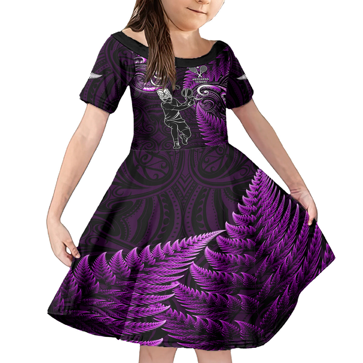 Custom New Zealand Tiki Tennis Kid Short Sleeve Dress 2024 Aotearoa Tenehi Maori Silver Fern - Purple