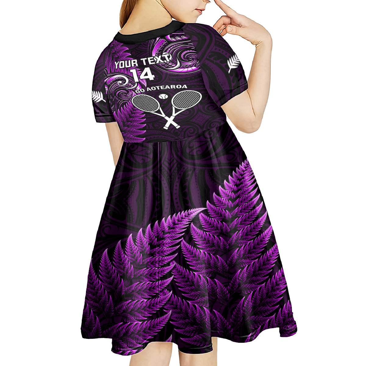 Custom New Zealand Tiki Tennis Kid Short Sleeve Dress 2024 Aotearoa Tenehi Maori Silver Fern - Purple