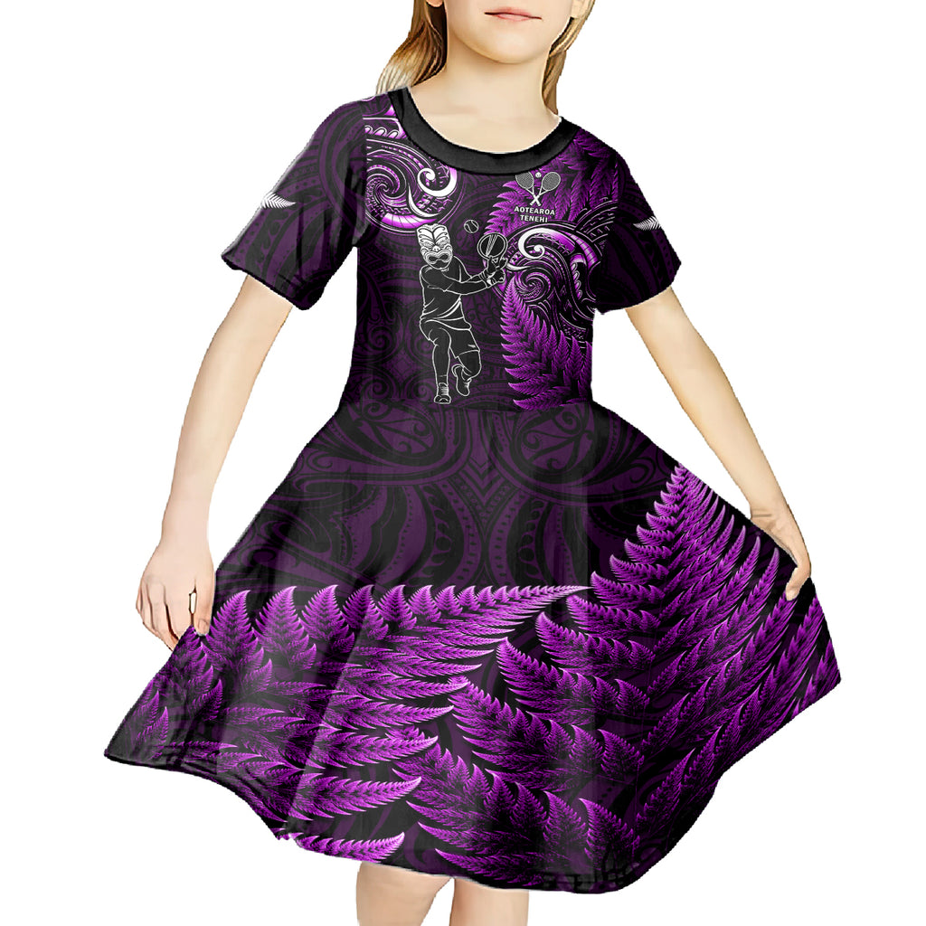 Custom New Zealand Tiki Tennis Kid Short Sleeve Dress 2024 Aotearoa Tenehi Maori Silver Fern - Purple