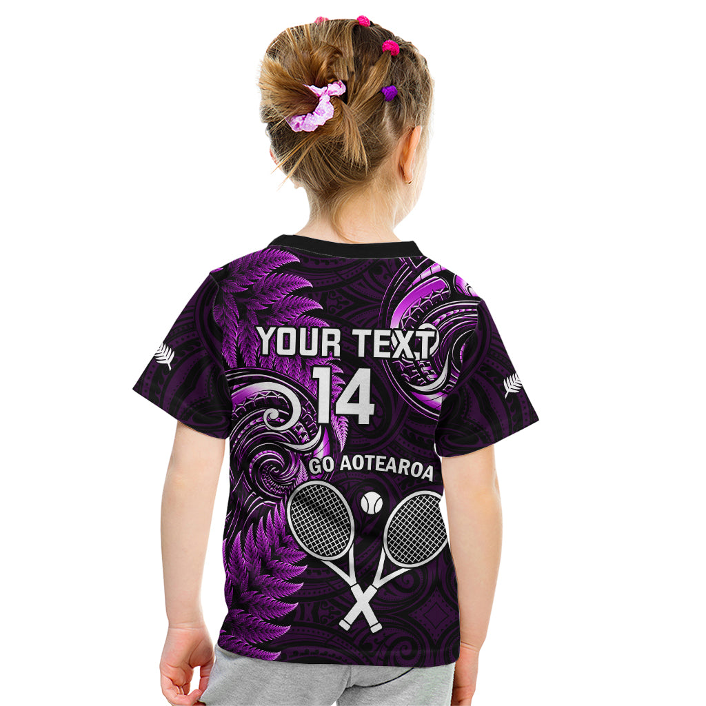 Custom New Zealand Tiki Tennis Kid T Shirt 2024 Aotearoa Tenehi Maori Silver Fern - Purple