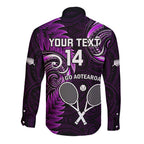 Custom New Zealand Tiki Tennis Long Sleeve Button Shirt 2024 Aotearoa Tenehi Maori Silver Fern - Purple