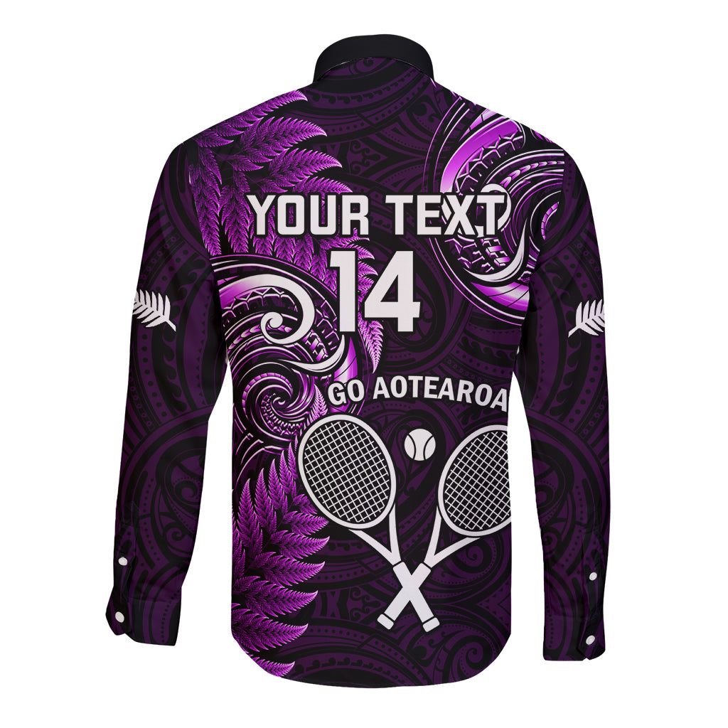 Custom New Zealand Tiki Tennis Long Sleeve Button Shirt 2024 Aotearoa Tenehi Maori Silver Fern - Purple