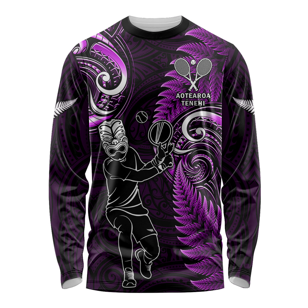 Custom New Zealand Tiki Tennis Long Sleeve Shirt 2024 Aotearoa Tenehi Maori Silver Fern - Purple