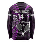 Custom New Zealand Tiki Tennis Long Sleeve Shirt 2024 Aotearoa Tenehi Maori Silver Fern - Purple