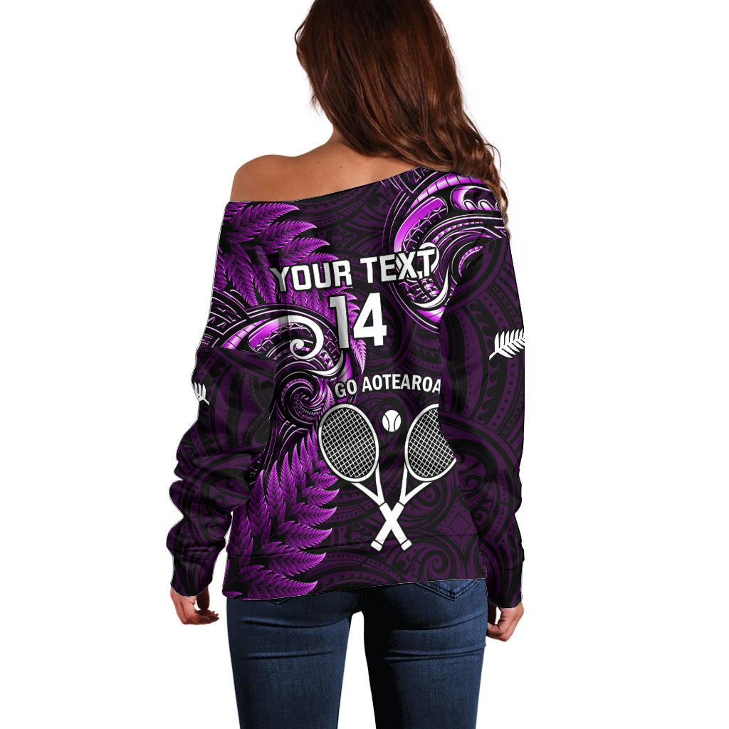 Custom New Zealand Tiki Tennis Off Shoulder Sweater 2024 Aotearoa Tenehi Maori Silver Fern - Purple