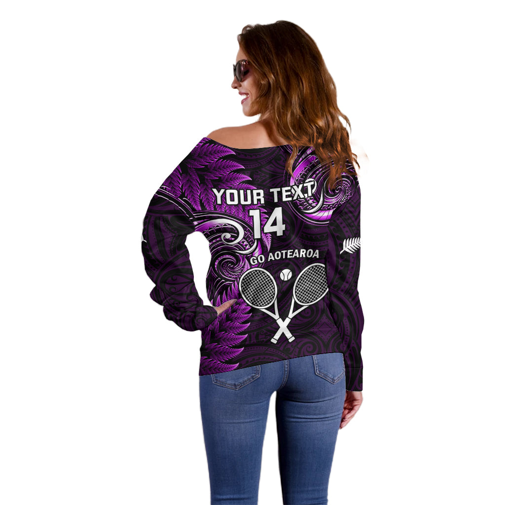 Custom New Zealand Tiki Tennis Off Shoulder Sweater 2024 Aotearoa Tenehi Maori Silver Fern - Purple