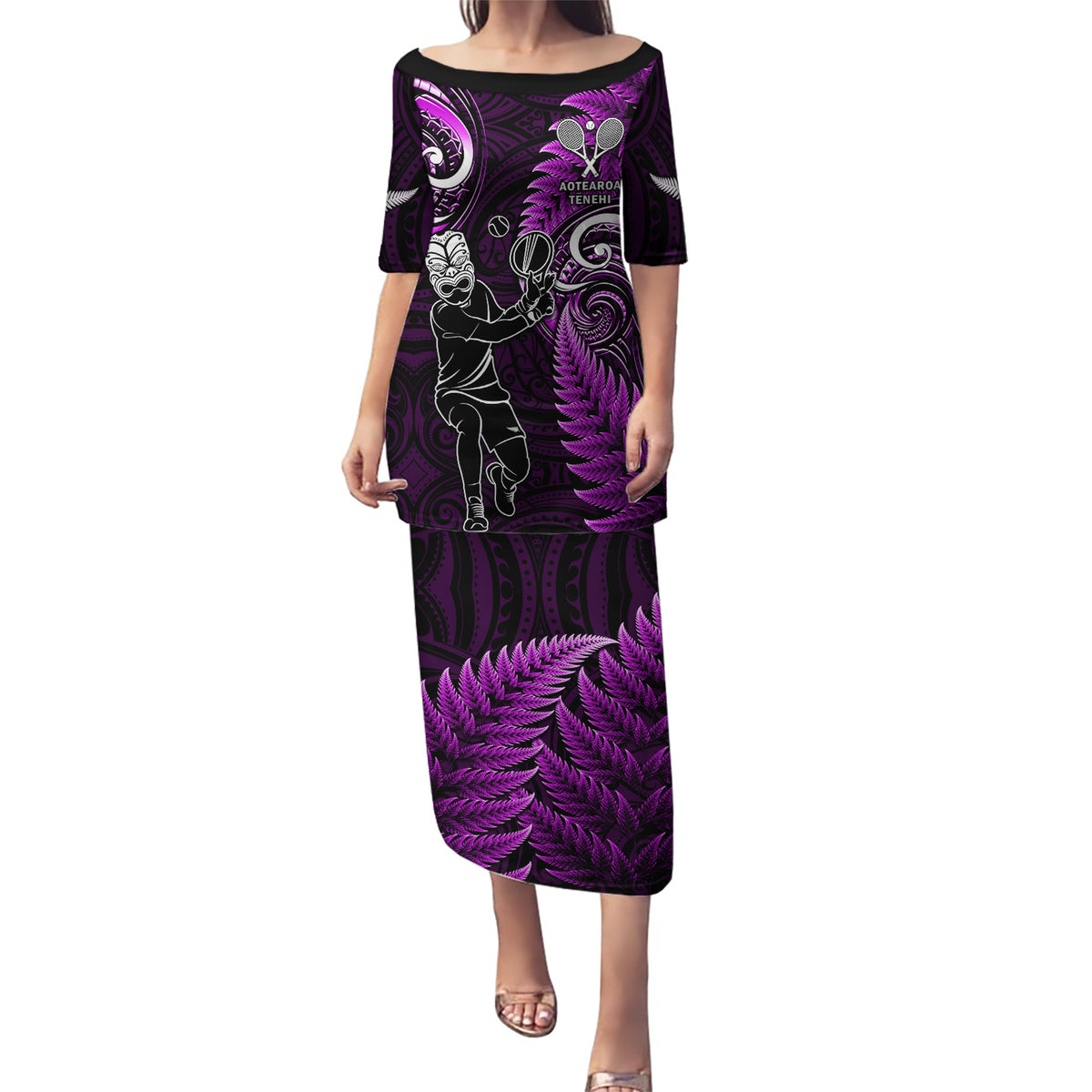 Custom New Zealand Tiki Tennis Puletasi 2024 Aotearoa Tenehi Maori Silver Fern - Purple