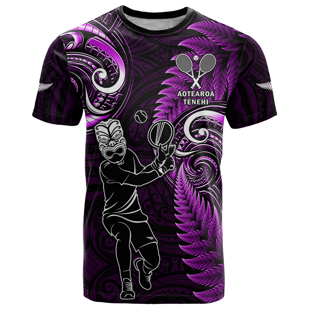 Custom New Zealand Tiki Tennis T Shirt 2024 Aotearoa Tenehi Maori Silver Fern - Purple