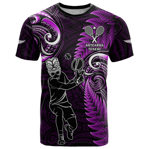 Custom New Zealand Tiki Tennis T Shirt 2024 Aotearoa Tenehi Maori Silver Fern - Purple