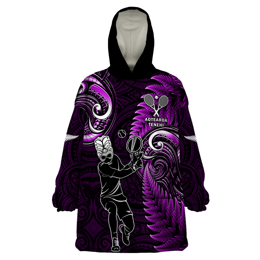 Custom New Zealand Tiki Tennis Wearable Blanket Hoodie 2024 Aotearoa Tenehi Maori Silver Fern - Purple